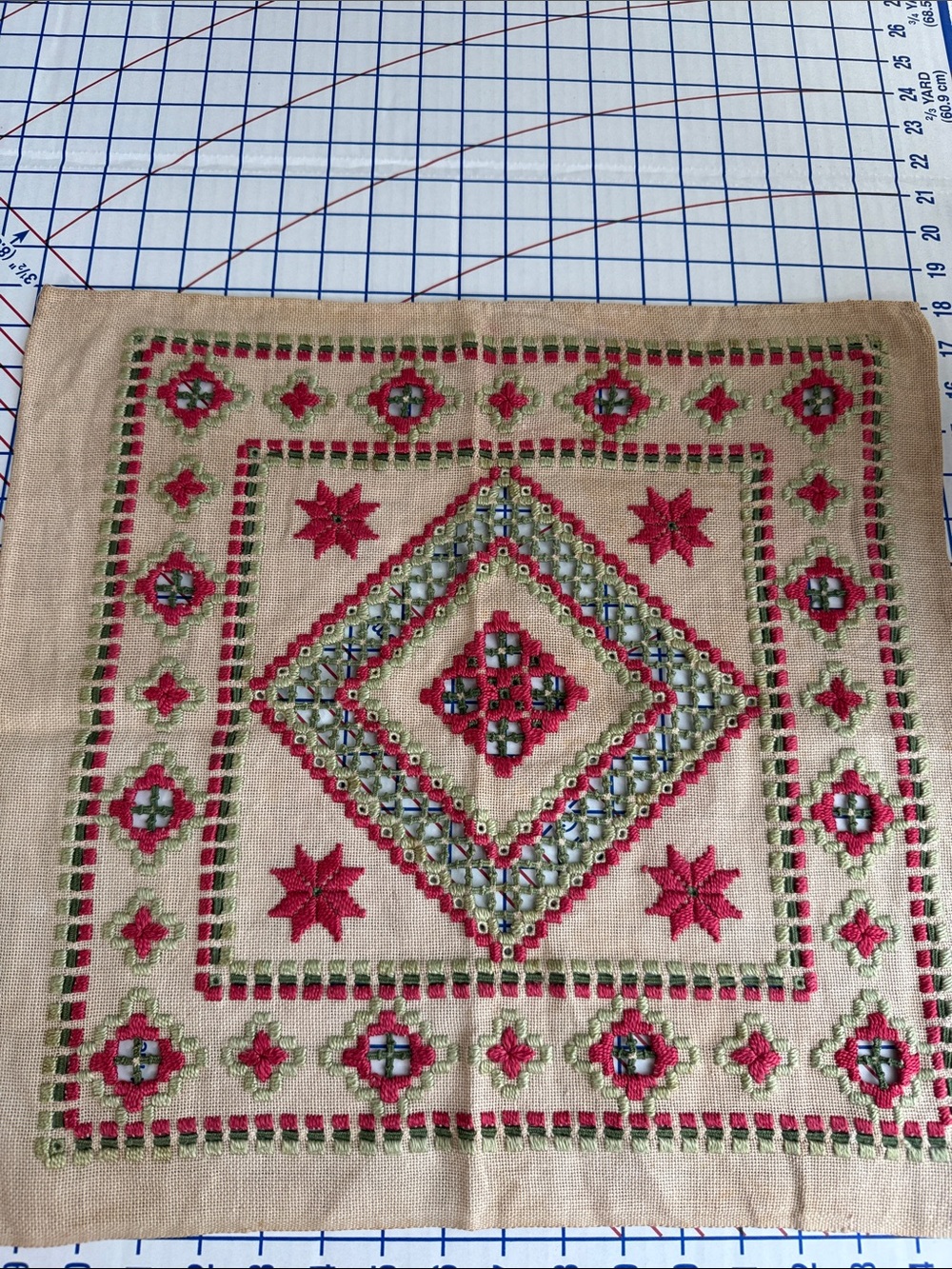Vintage Hand Embroidered Drawn Thread Hardanger Style Table Topper 18” Square - Picture 2 of 15